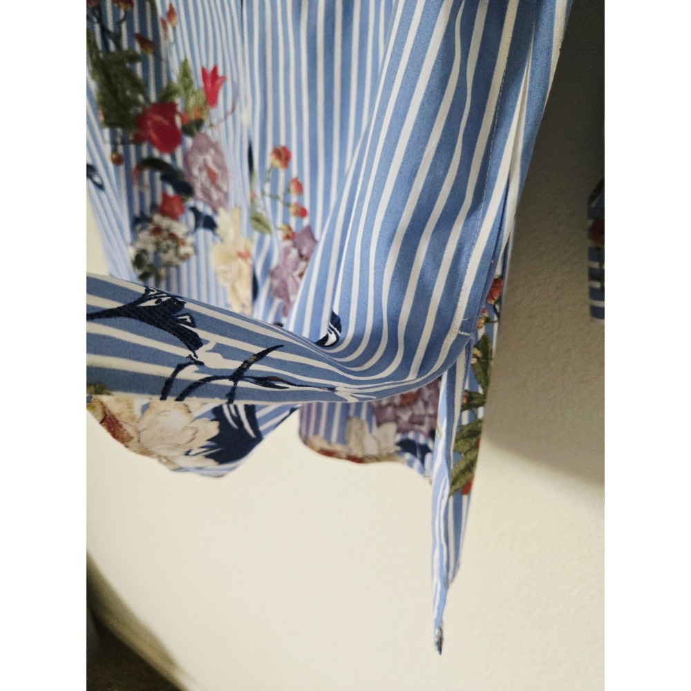 Chico's 3 No Iron Striped Floral Button Down Shirt Blue White Pink Womens 16-18 - Picture 4 of 8